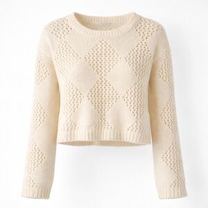 Madewell Cream Diamond Pointelle Crop Sweater Wool Blend Cozy Minimalist Size S